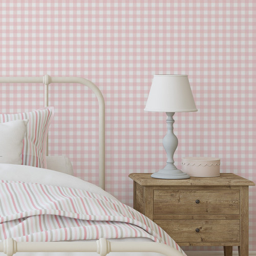 Small-scale Little Gingham Plaid Peel and Stick Wallpaper in a soft blue and white pattern, Paperbird Home decor for a farmhouse-style nursery or laundry room.