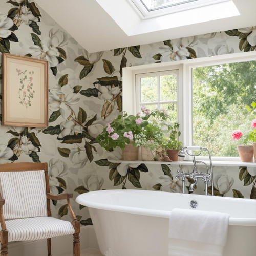 Southern Magnolia Flowers Peel and Stick Wallpaper by Paperbird Home featuring large white blooms and green leaves, perfect for the coastal farmhouse bathroom or bedroom feel.