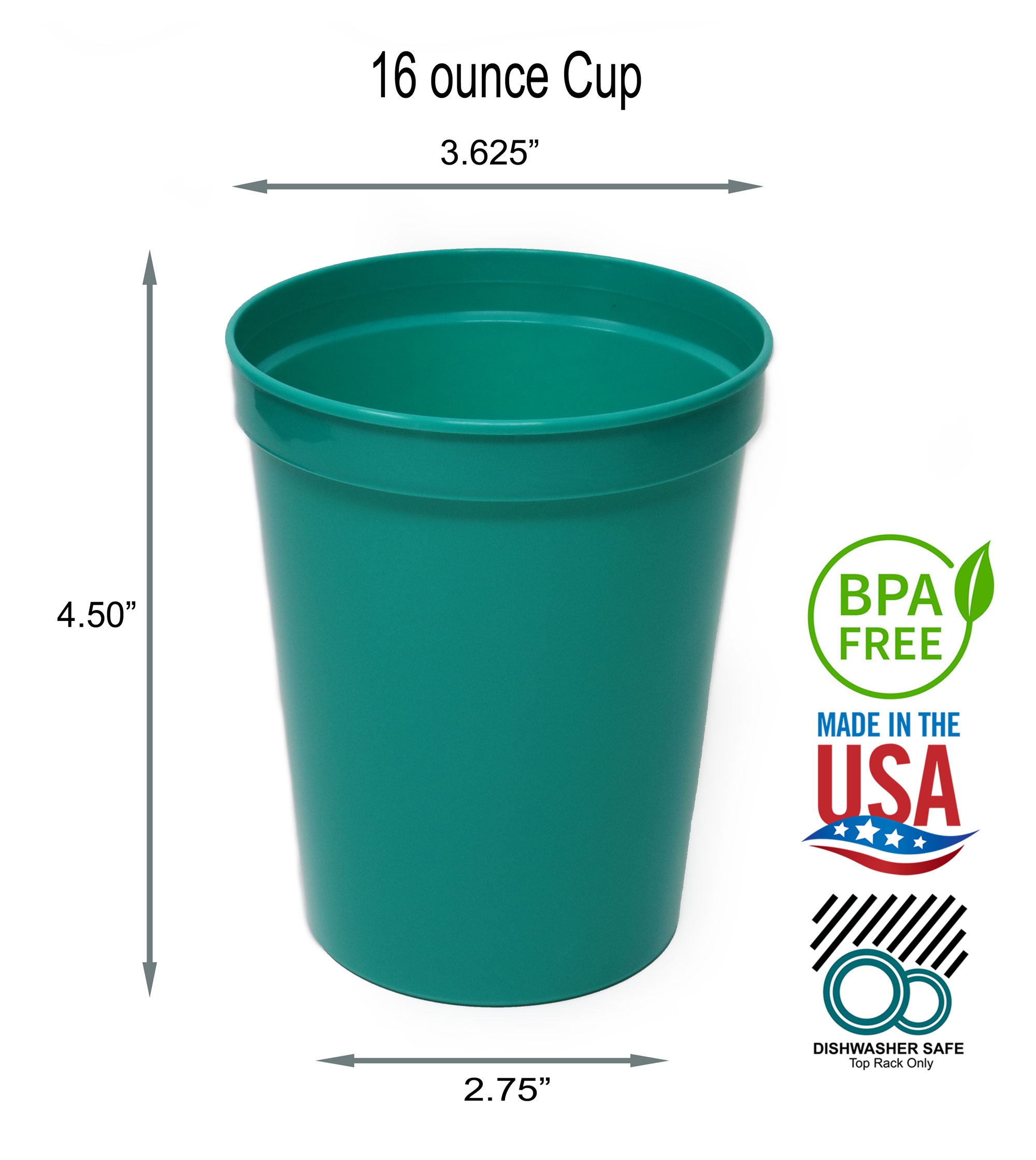 16oz Reusable Plastic Stadium Cups, BPA-Free, Made in USA, Dishwasher Safe