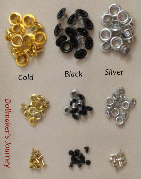 Grommets/Eyelets - Packages of 12, Colors - Gold, Black and Silver, Sizes - 3/16", 1/8" and 1/16"