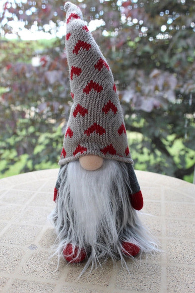 Christmas Plush Gnome with Red and Grey Hat - Handmade - 13-14"