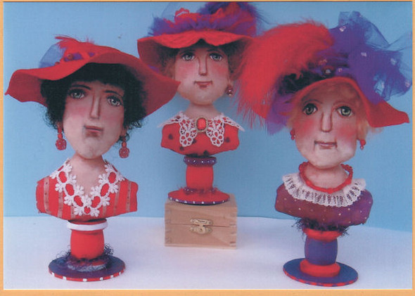 These zesty 8” painted muslin Red Hat Ladies - Cloth Doll Making Pattern  by Susan Barmore