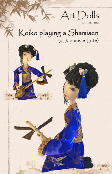 Keiko playing a Shamisen -  11" Kneeling Art Doll Pattern and Instructions (PDF Download) by Norma Inkster