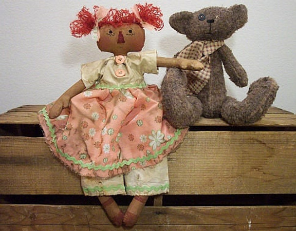 Annie and Bear,  Raggedy Ann Printed and Mailed Cloth Doll Pattern by Michelle Allen of Raggedy Pants Designs