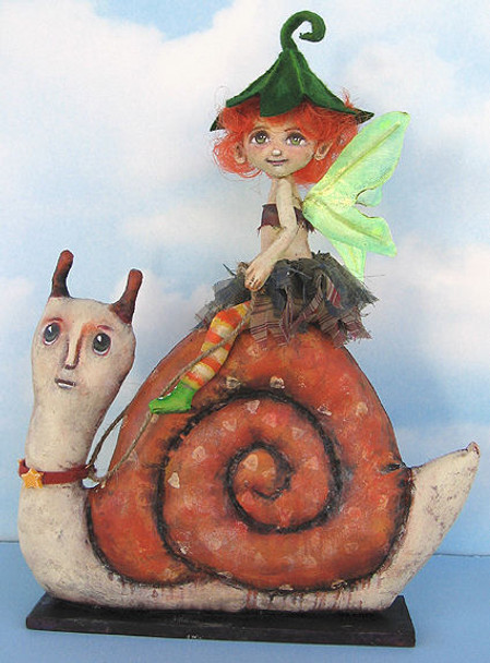 Darling 6" fairy taking her 9" snail for a ride. Both are painted muslin and are mounted on a wood base.