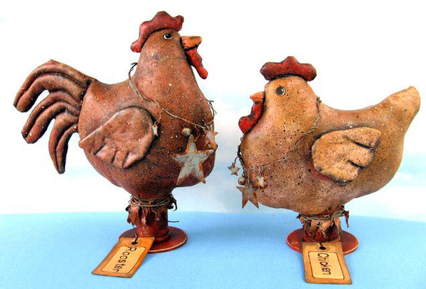 9" painted rooster and 7" hen with quilted wings and tail adorned in rusted wire necklaces.