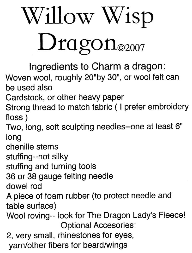 Supply List For PDF Pattern - Willow Wisp Dragon