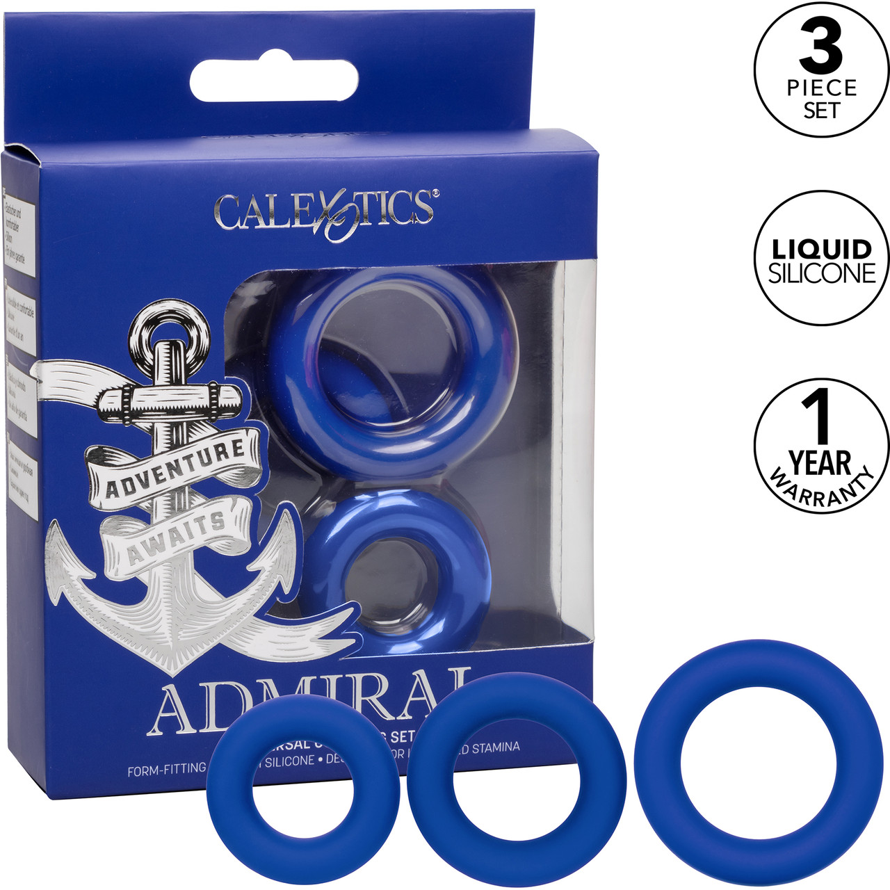 Admiral Cock & Ball Silicone Dual Cock Ring By CalExotics - Blue