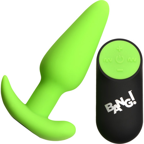 BANG! 21X Rechargeable Waterproof Vibrating Glow In The Dark Silicone Butt Plug With Remote - Green