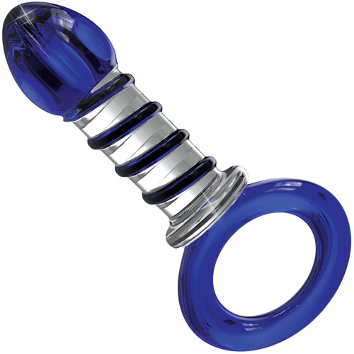 Icicles No. 81 Glass Anal Plug With Blue & Black Accents And Ring Pull Handle Base