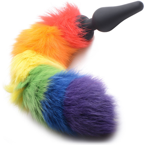 Tailz Rainbow Black Silicone Anal Plug With Rainbow Faux Fur Tail