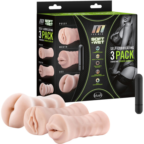 M For Men Self-Lubricating Vibrating Stroker Sleeve Kit 3-Pack Penis Masturbators By Blush