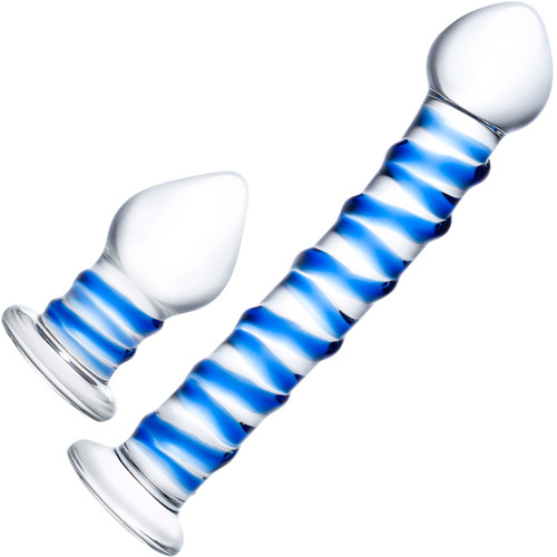 Gläs Swirly Dildo & Butt Plug Set - Clear & Blue