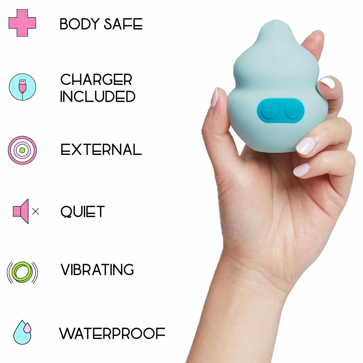 Unbound Squish Squeeze Responsive Rechargeable Waterproof Silicone Vibrator - Features Graphic