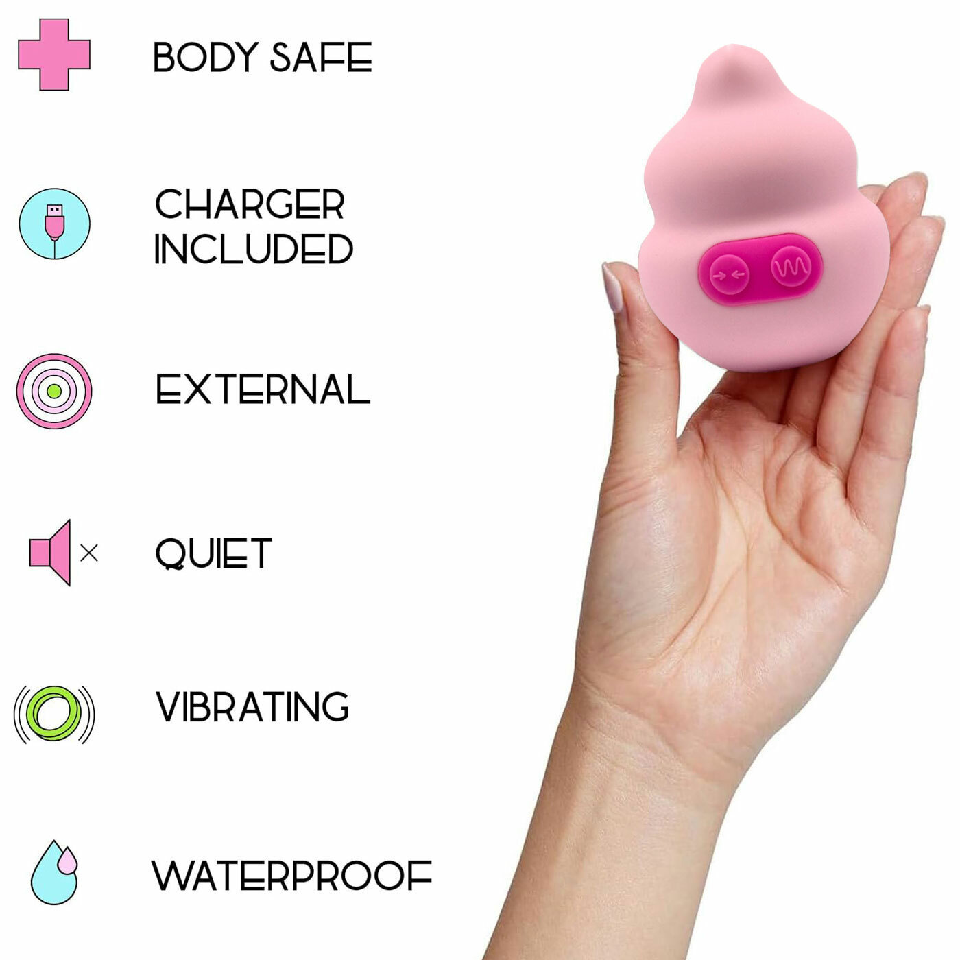 Unbound Squish Squeeze Responsive Rechargeable Waterproof Silicone Vibrator - Features Graphic