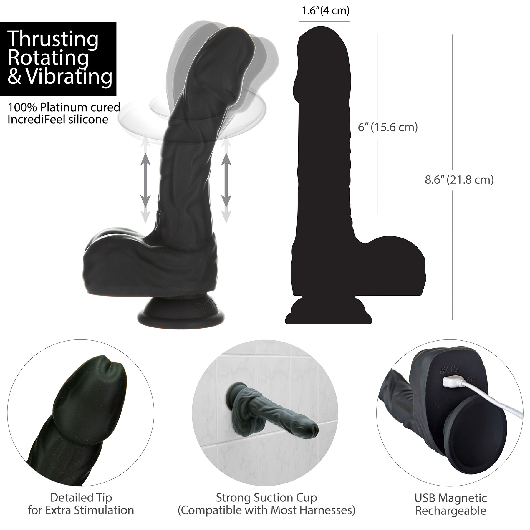 Naked Addiction Rotating, Thrusting, Vibrating 8.6" Silicone Suction Cup Dildo - Features