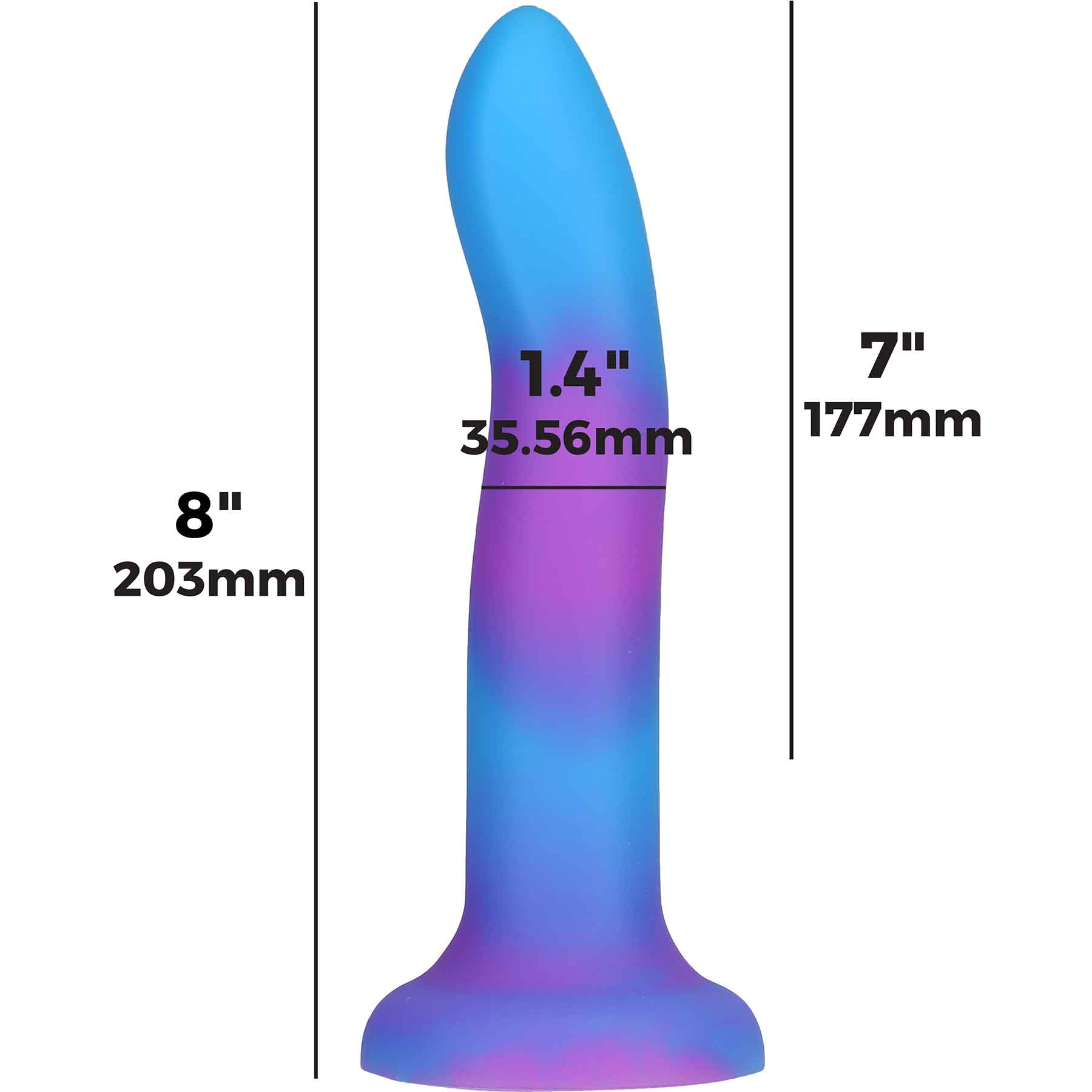 Rave By Addiction Silicone 8" Glow In The Dark Suction Cup Dildo - Measurements