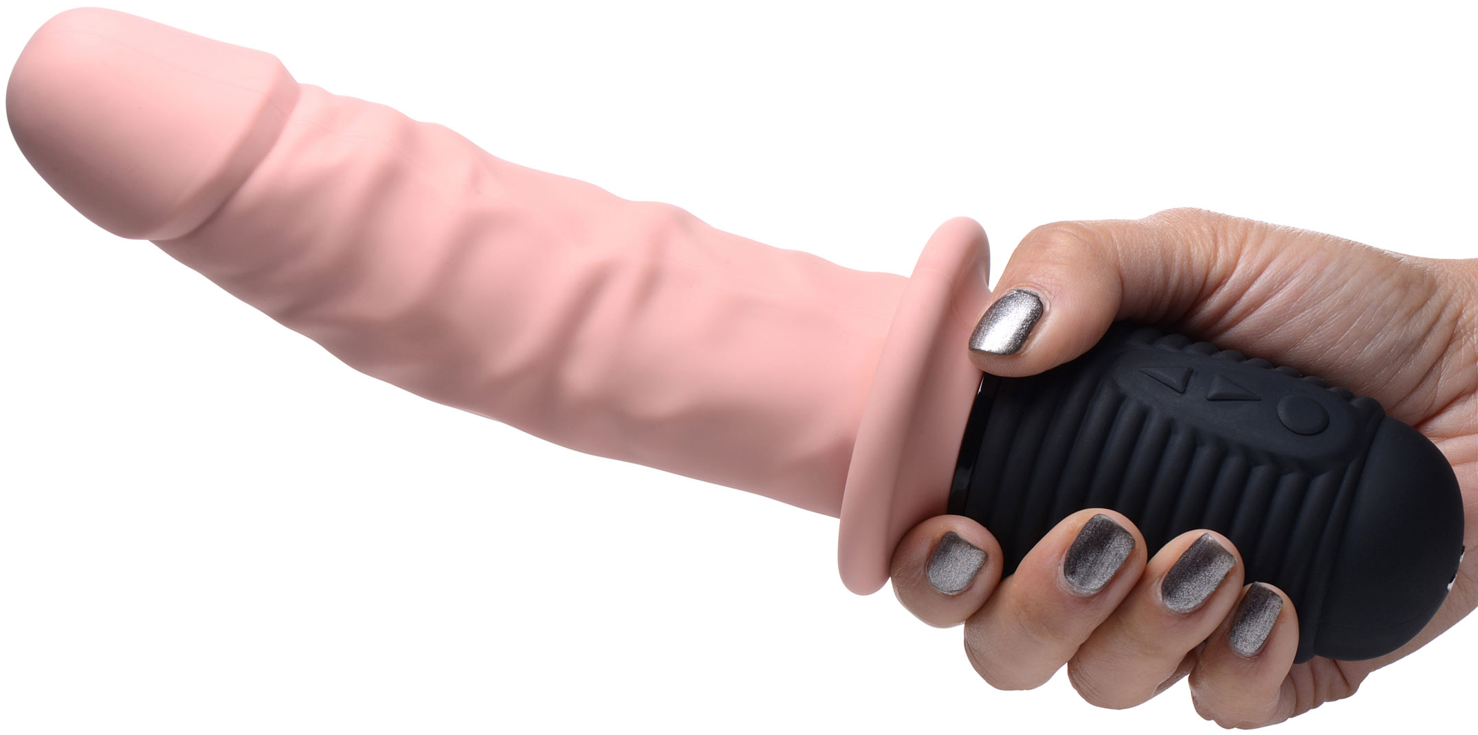 Master Series Power Pounder Vibrating & Thrusting Rechargeable Silicone Dildo With Handle In Hand