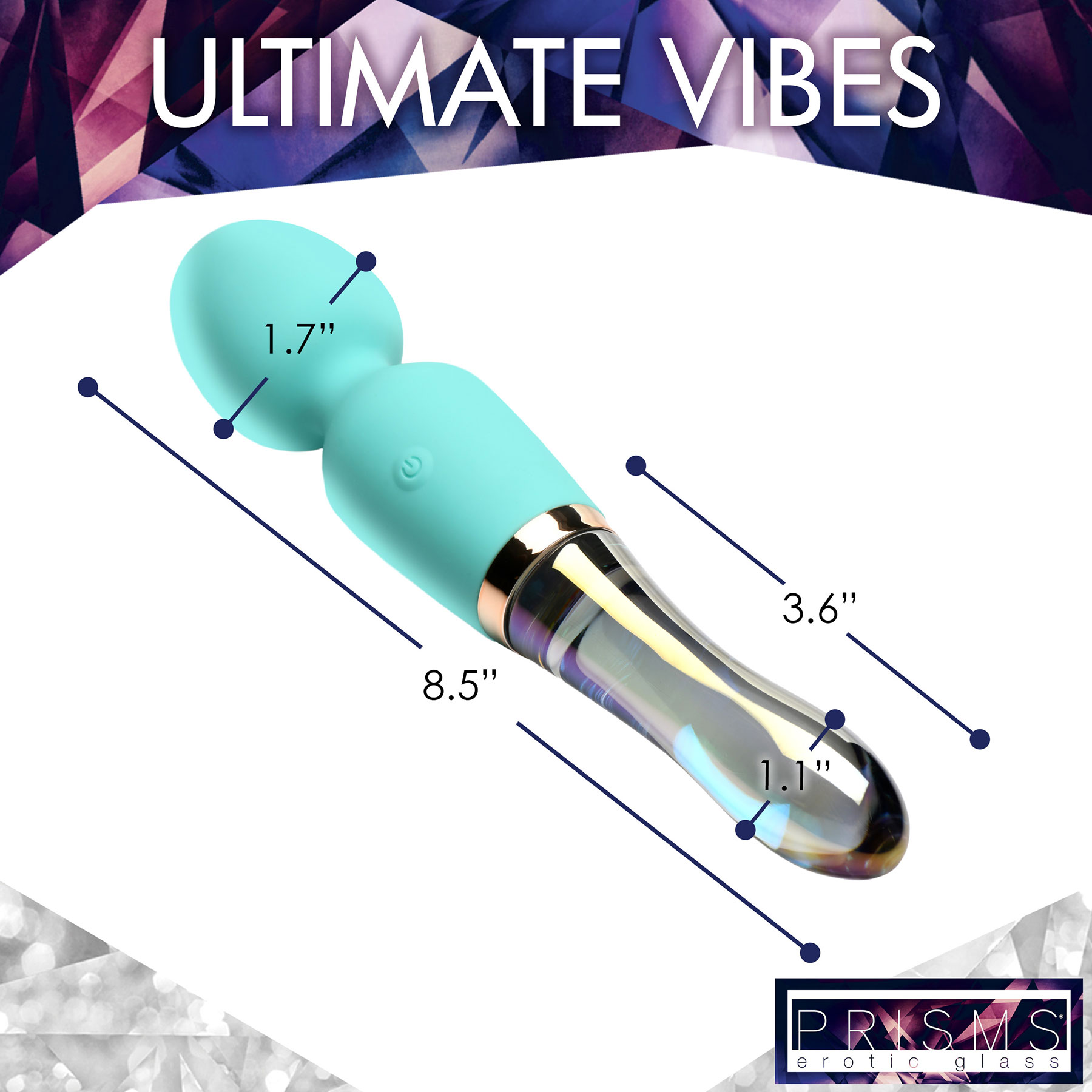 Prisms Vibra-Glass 10X Turquoise Rechargeable Silicone & Glass Dual Ended Wand Style Vibrator - Measurements