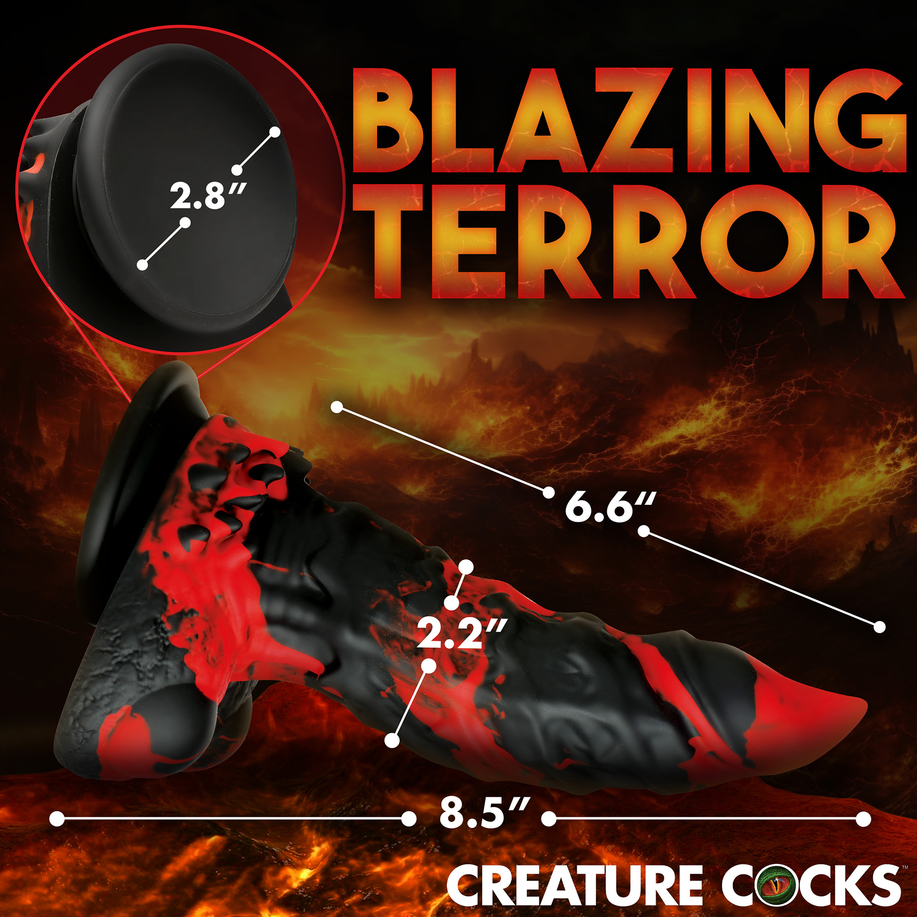 Fire Demon Monster 8.5" Silicone Suction Cup Dildo - Measurements