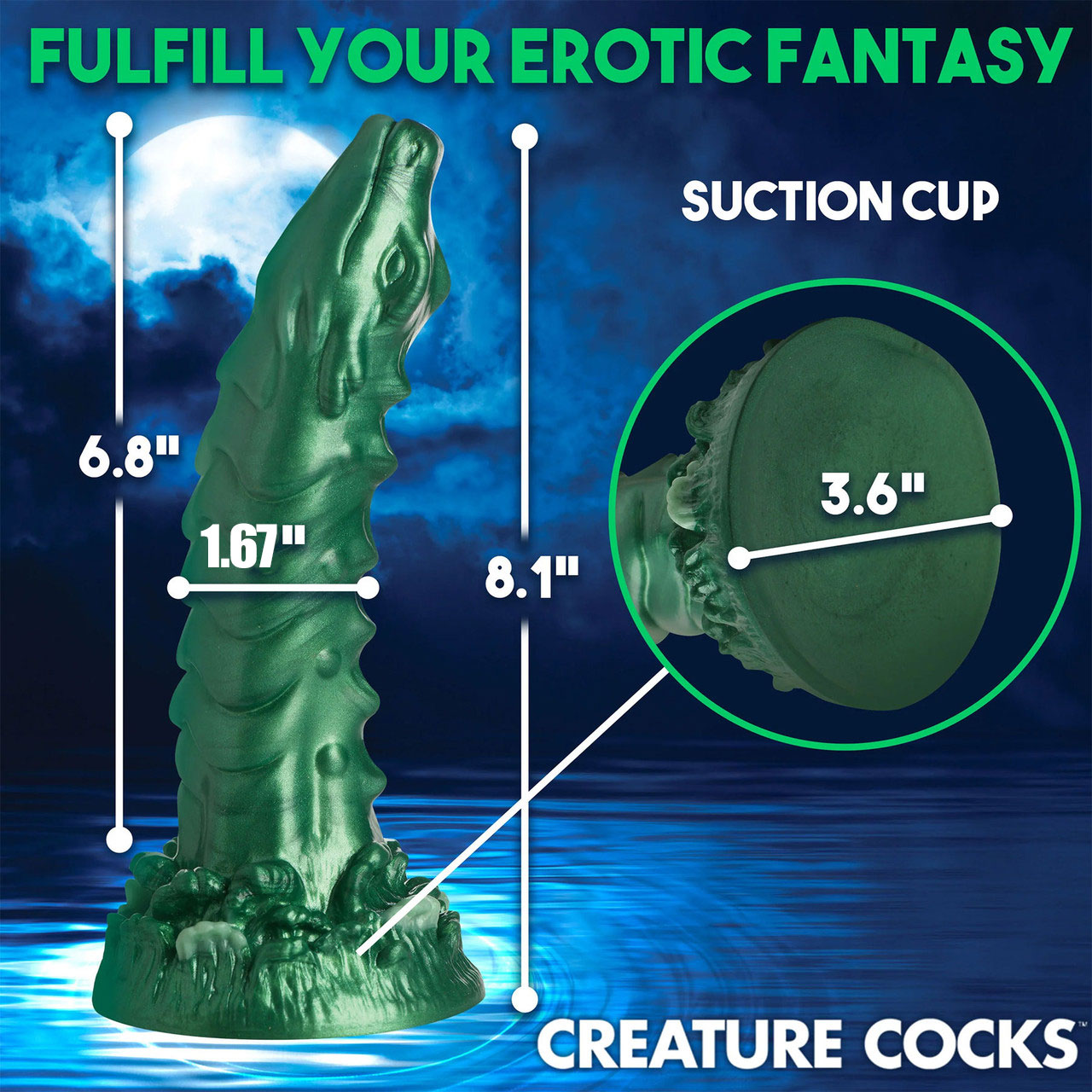 Cockness Monster Lake Creature 8" Silicone Suction Cup Dildo By Creature Cocks - Measurements