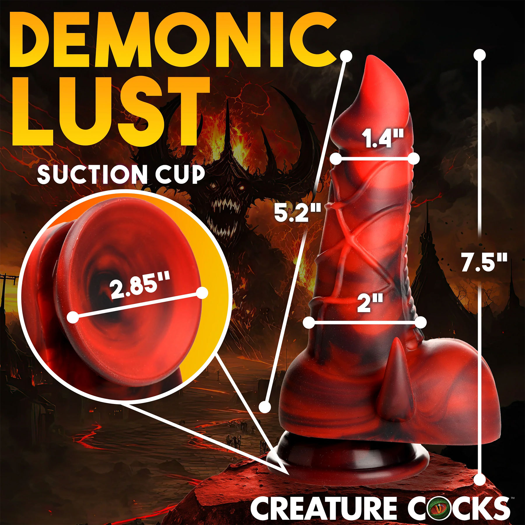 Horny Devil Demon 7" Silicone Suction Cup Dildo With Balls By Creature Cocks - Measurements