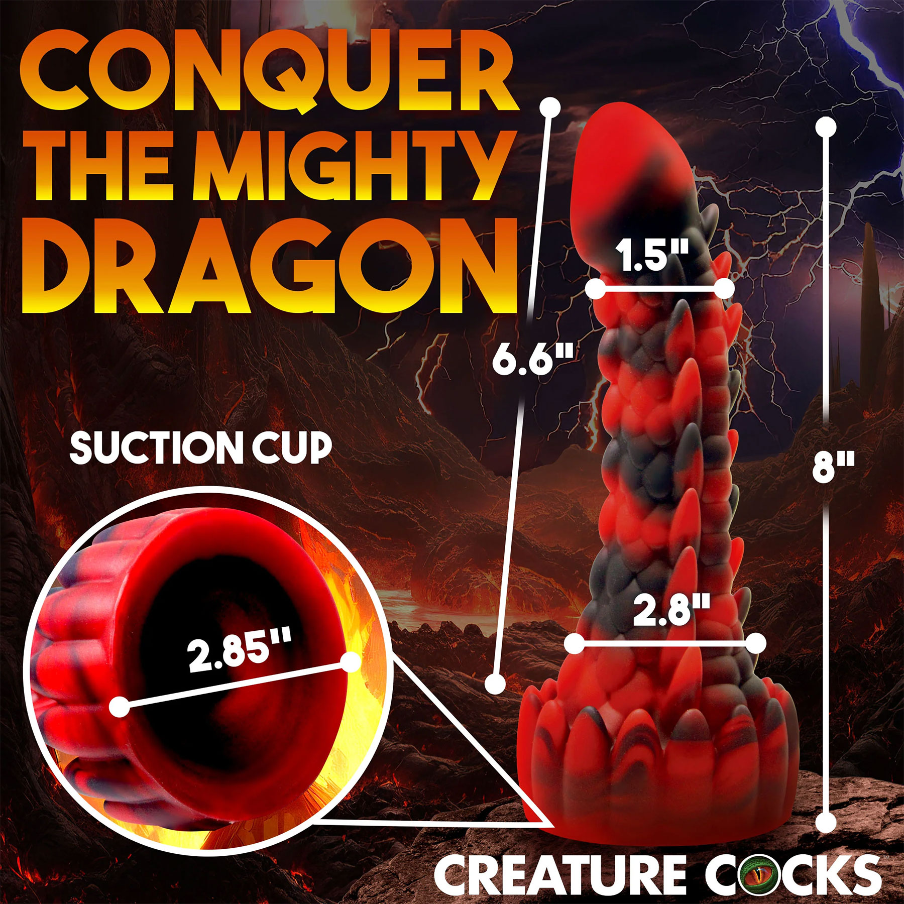 Demon Rising Scaly Dragon 8" Silicone Suction Cup Dildo By Creature Cocks - Measurements