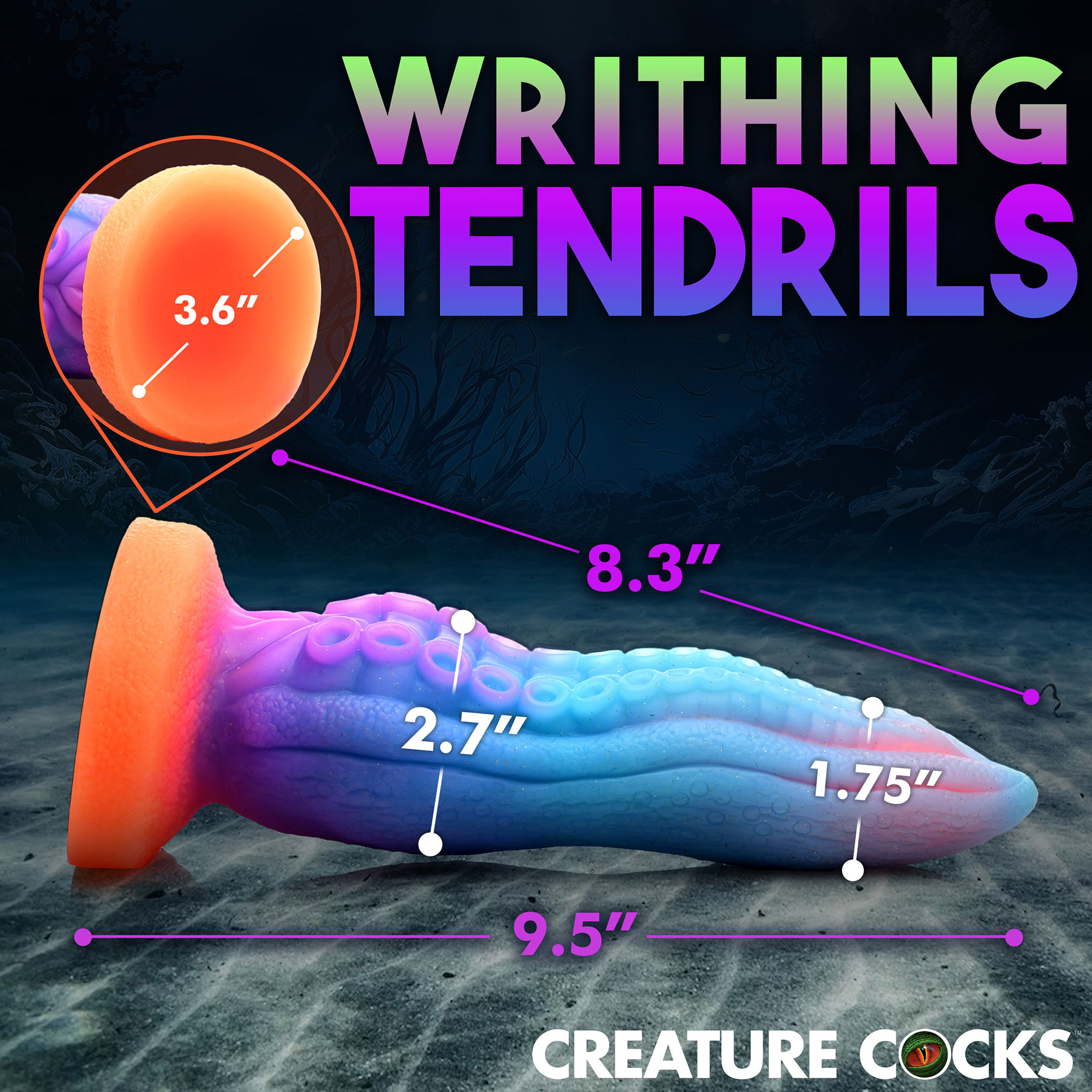 Tenta-Cock Glow In The Dark 9.5" Silicone Suction Cup Dildo By Creature Cocks - Measurements