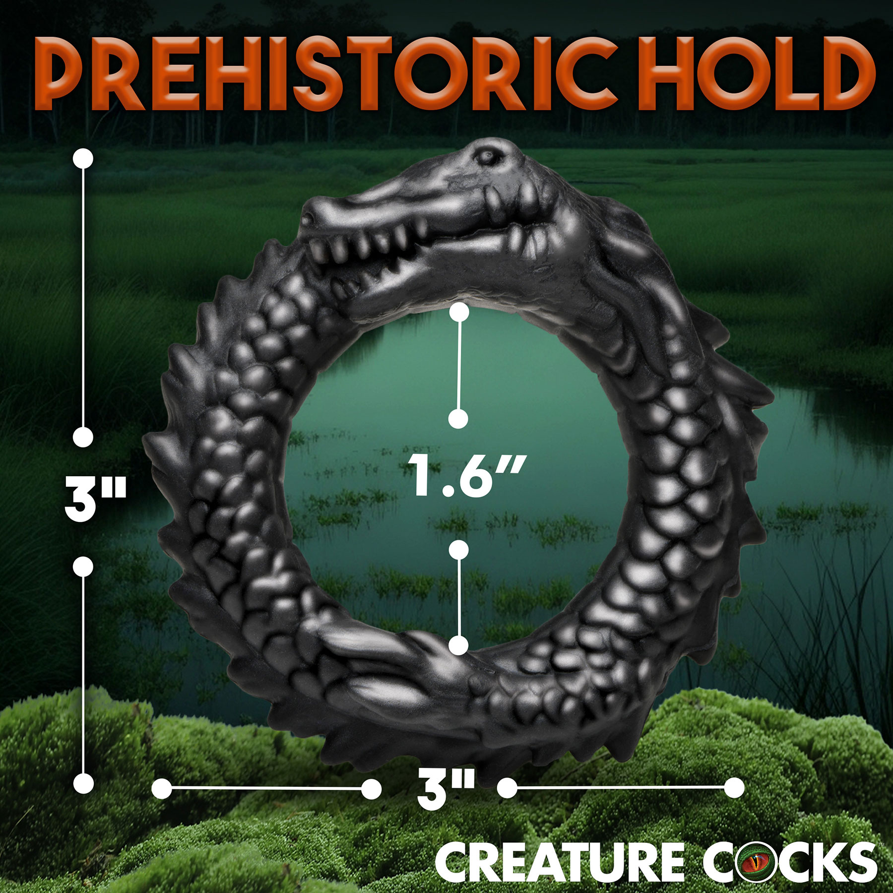 Black Caiman Silicone Cock Ring - Measurements