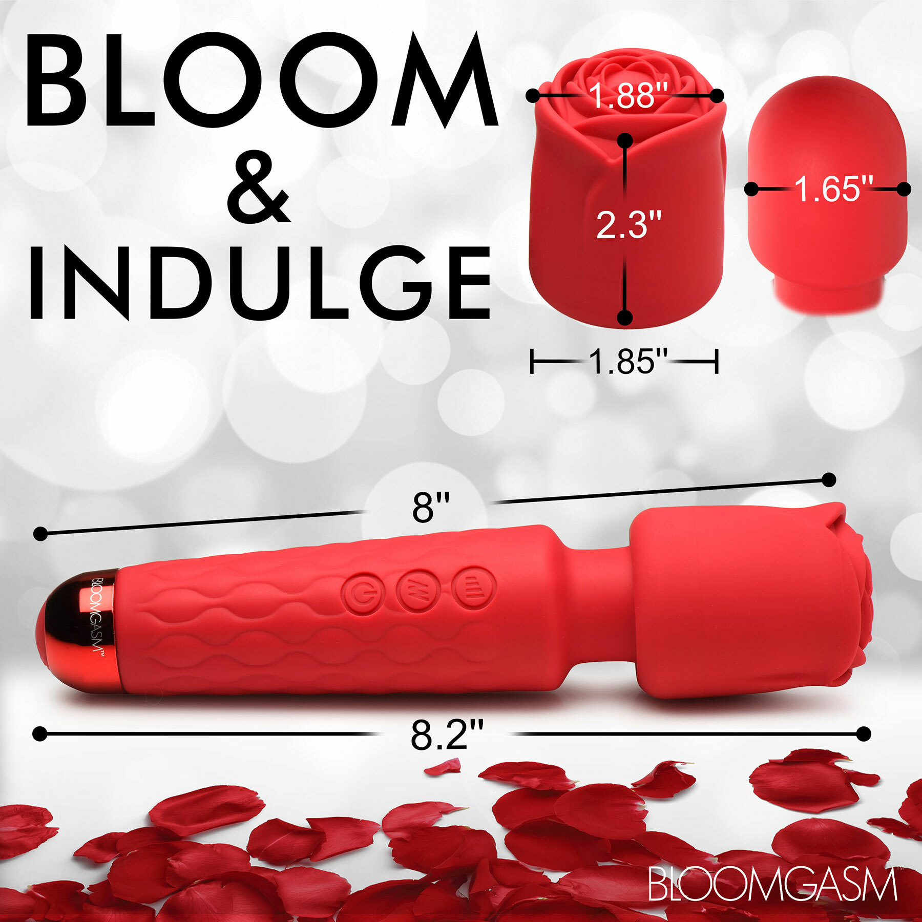 Bloomgasm Pleasure Rose 10X Silicone Wand Vibrator With Rose Attachment - Measurements