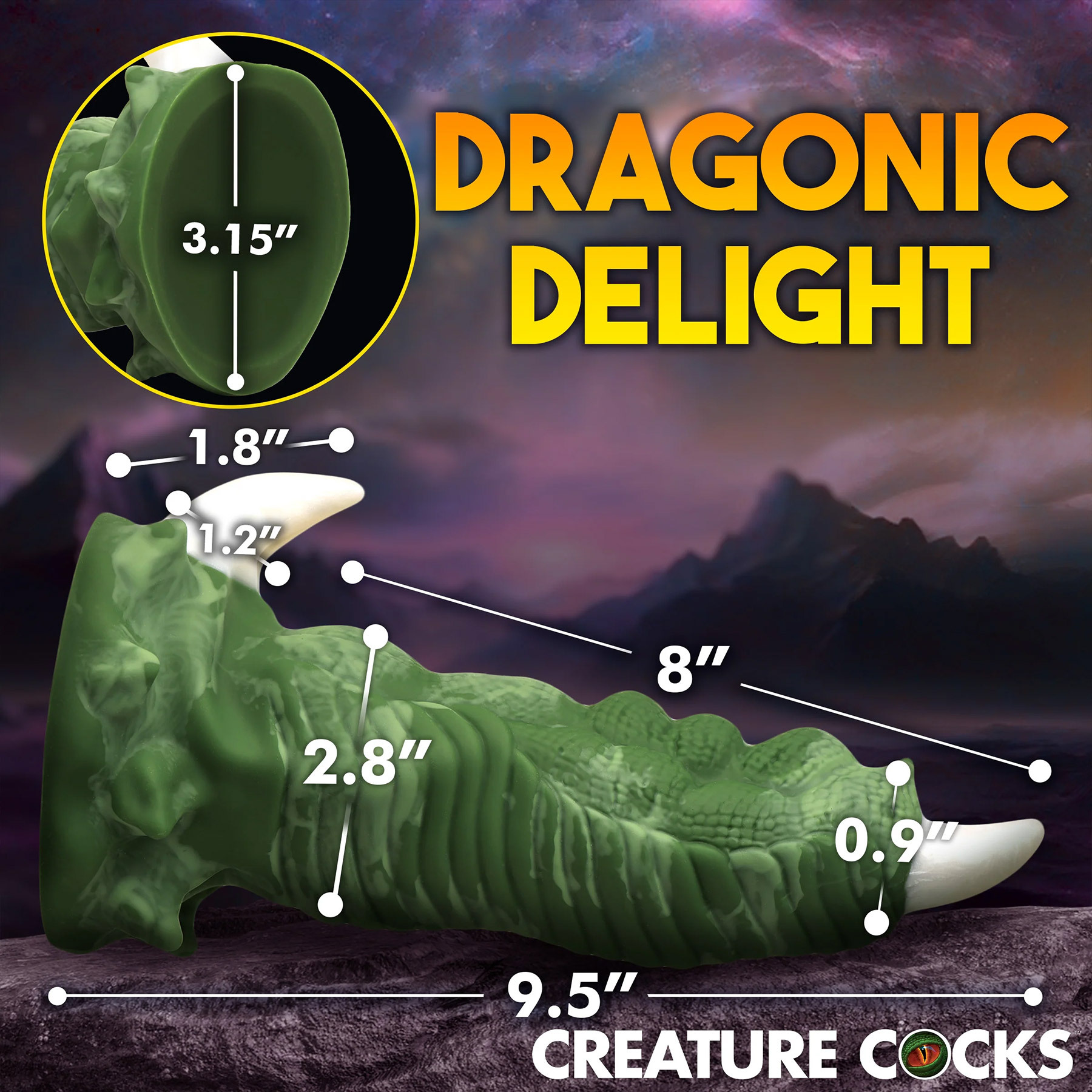 Dragon Claw 9.5" Silicone Dual Stimulation Suction Cup Dildo - Measurements