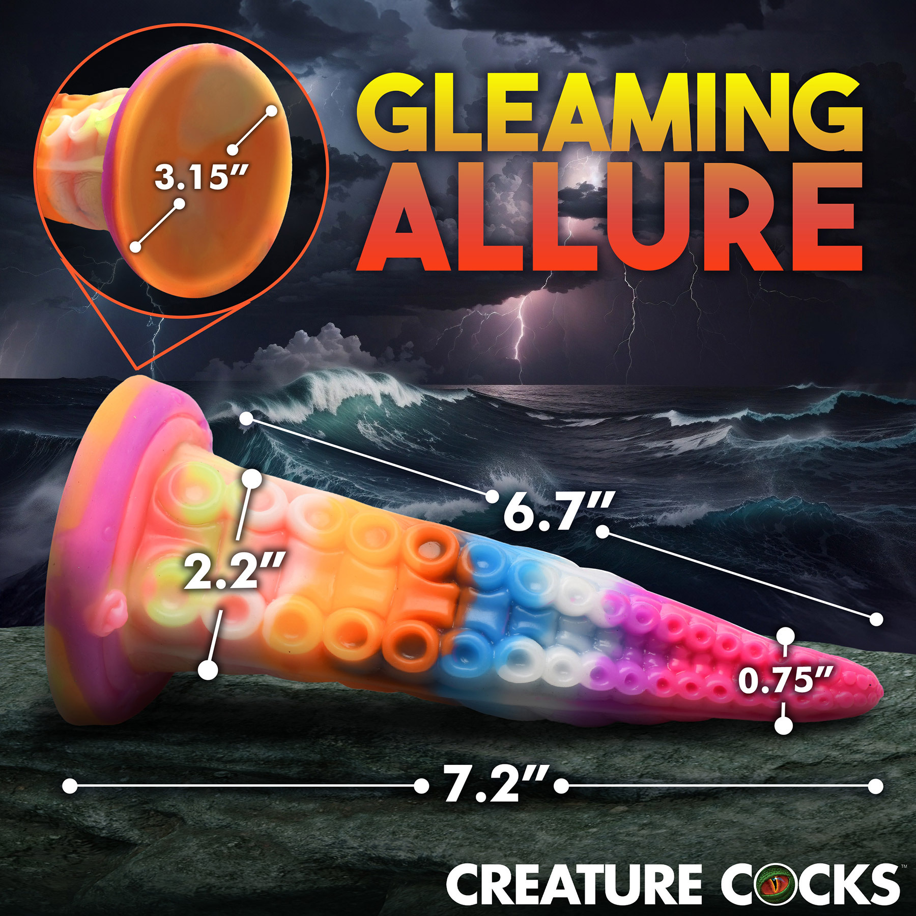 Luminoctopus 7.25" Glow In The Dark Tentacle Silicone Suction Cup Dildo - Measurements