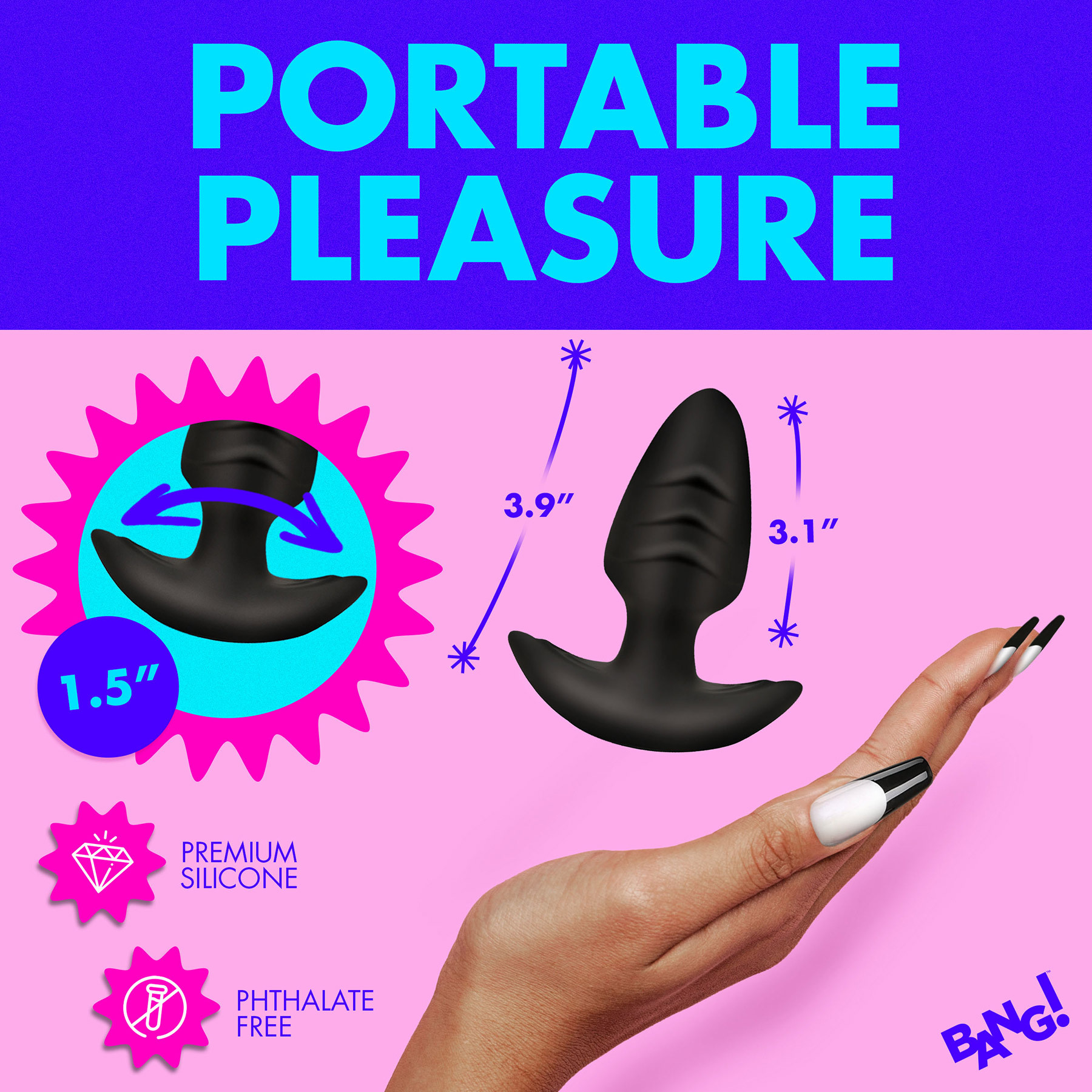 BANG! Rechargeable Rotating & Vibrating Silicone Butt Plug With Remote - Measurements