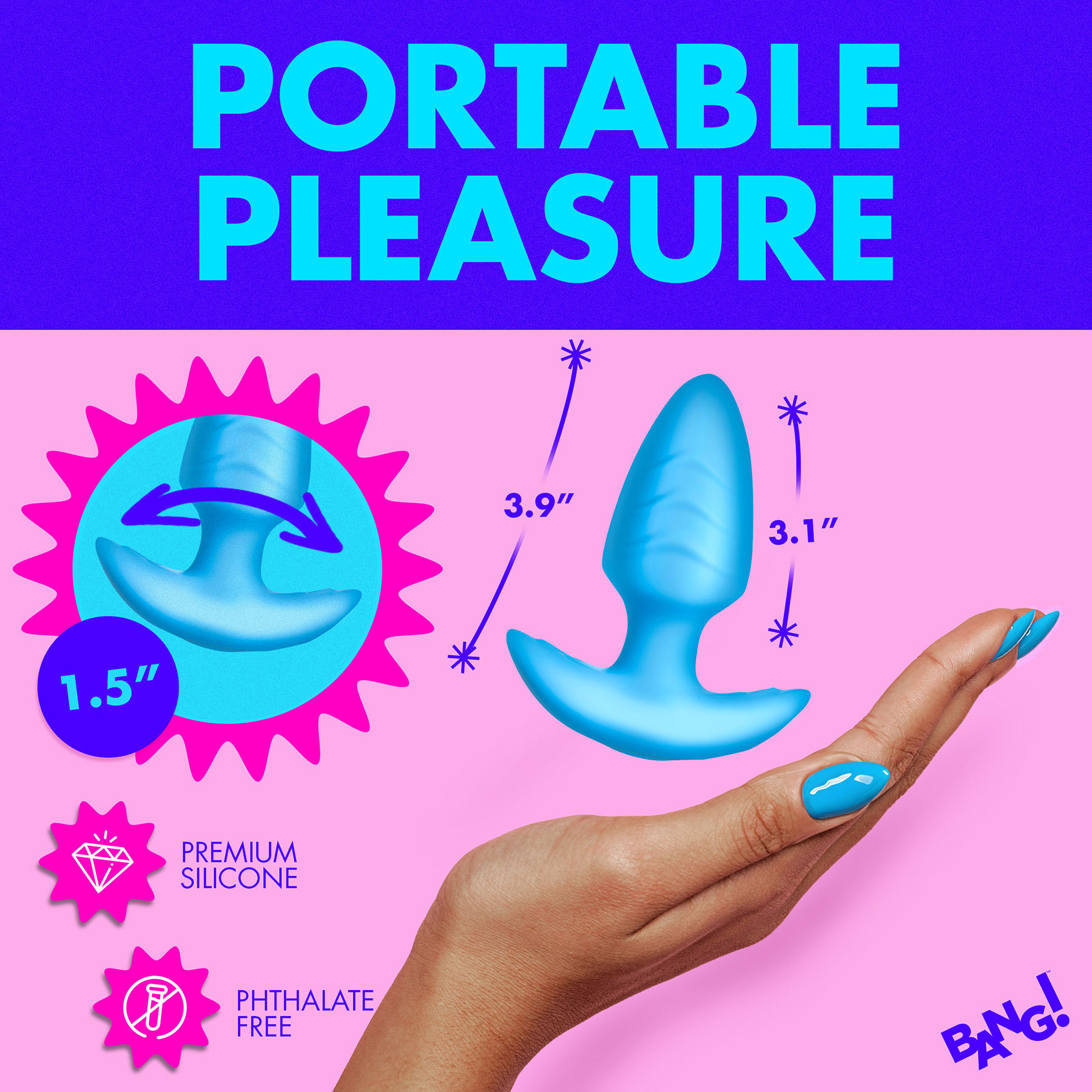 BANG! Rechargeable Rotating & Vibrating Silicone Butt Plug With Remote - Measurements