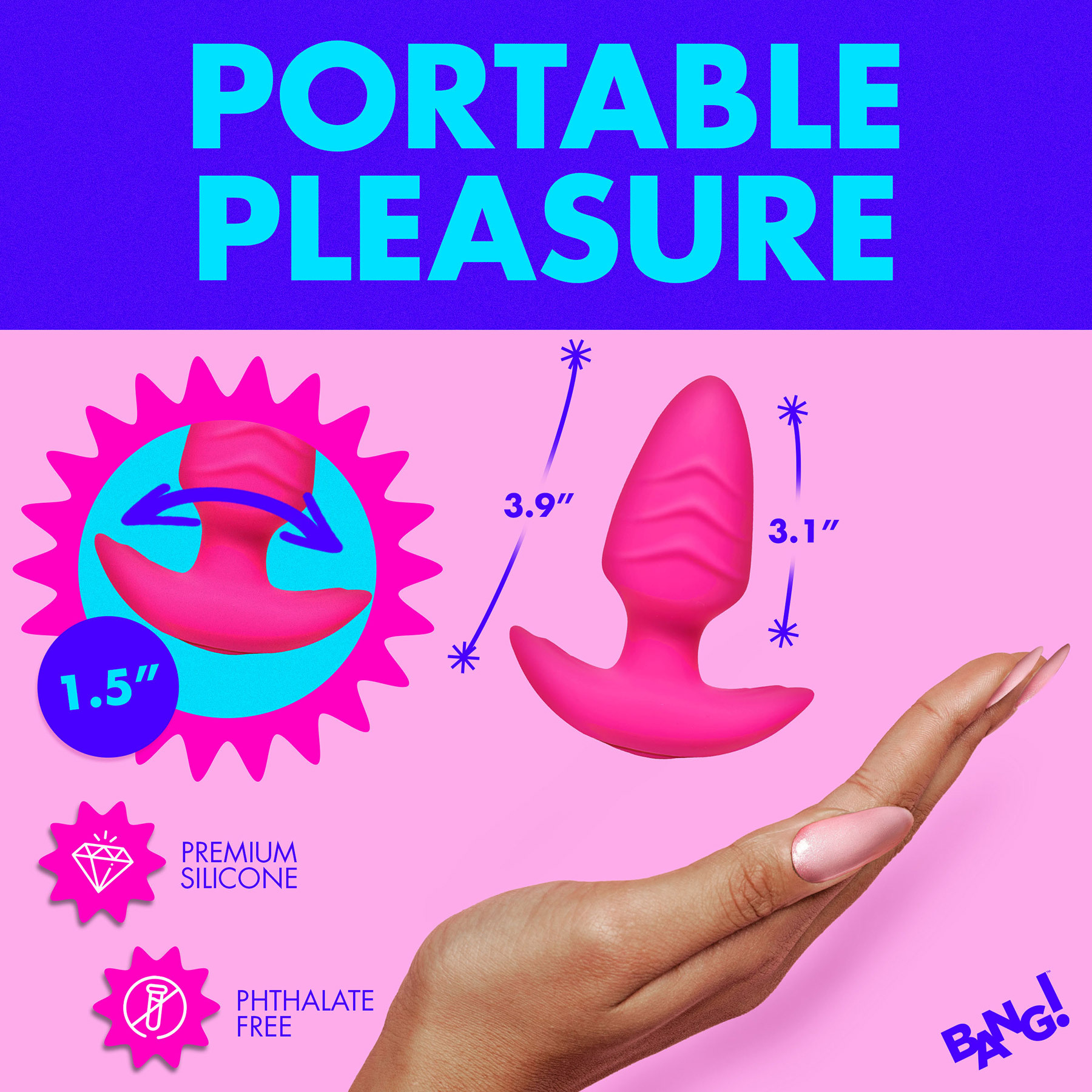 BANG! Rechargeable Rotating & Vibrating Silicone Butt Plug With Remote - Measurements