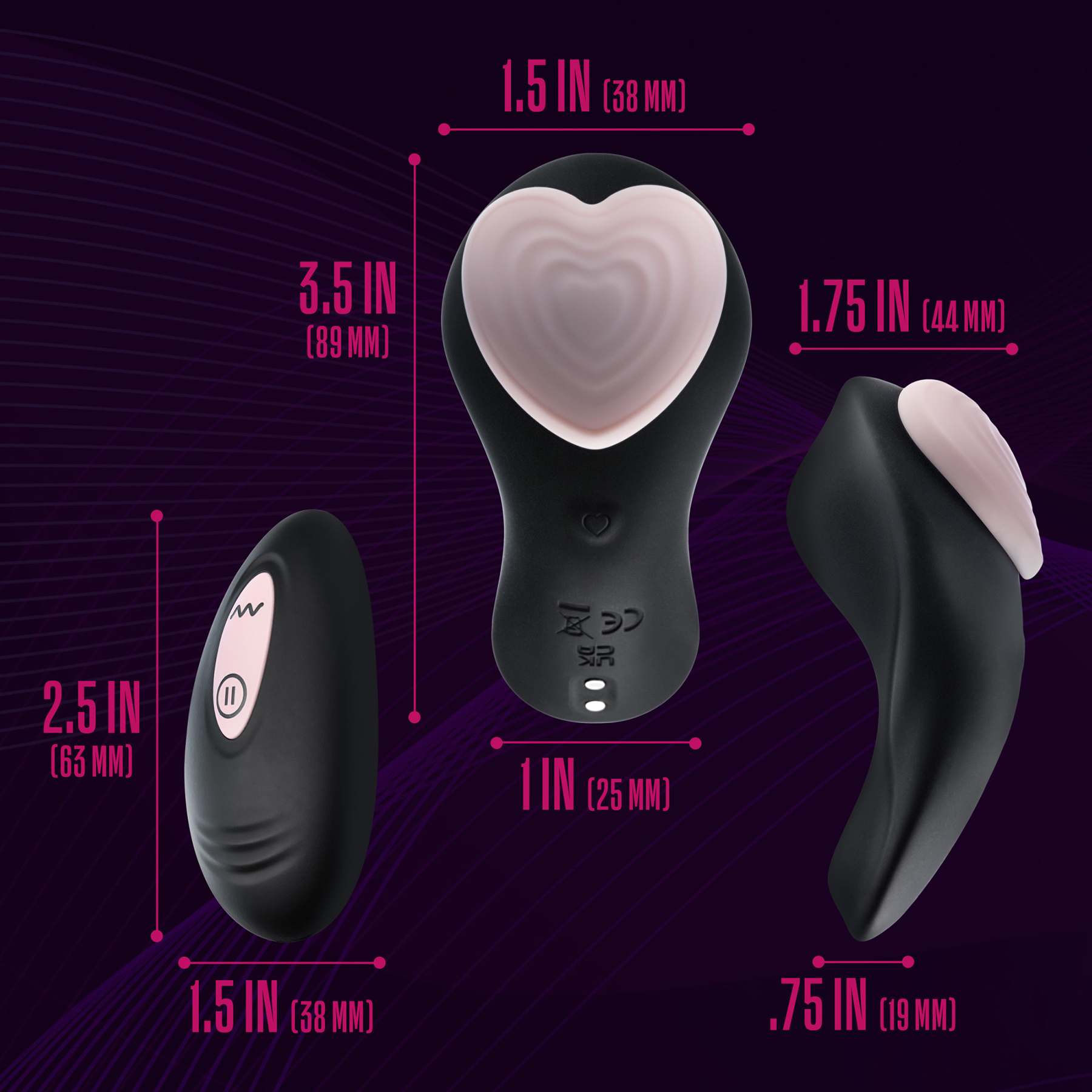 Temptasia Heartbeat Silicone Rechargeable Panty Vibe With Remote - Measurements