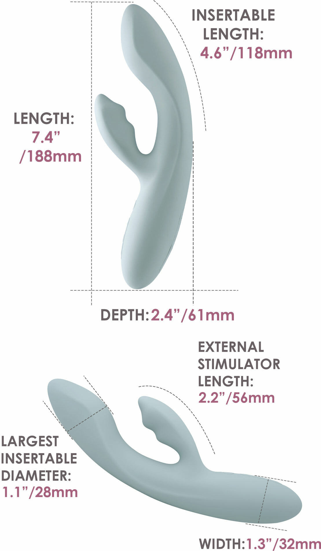 SVAKOM Chika Rechargeable Waterproof Silicone App Enabled Warming Dual Stimulation Vibrator - Measurements