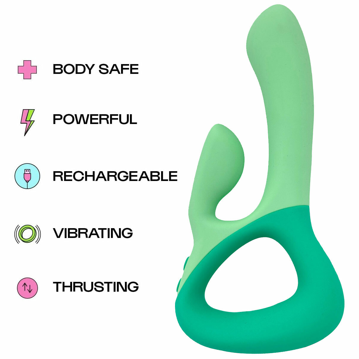 Unbound Babes Clutch Rechargeable Waterproof Silicone Dual Stimulation Vibrator - Features Graphic