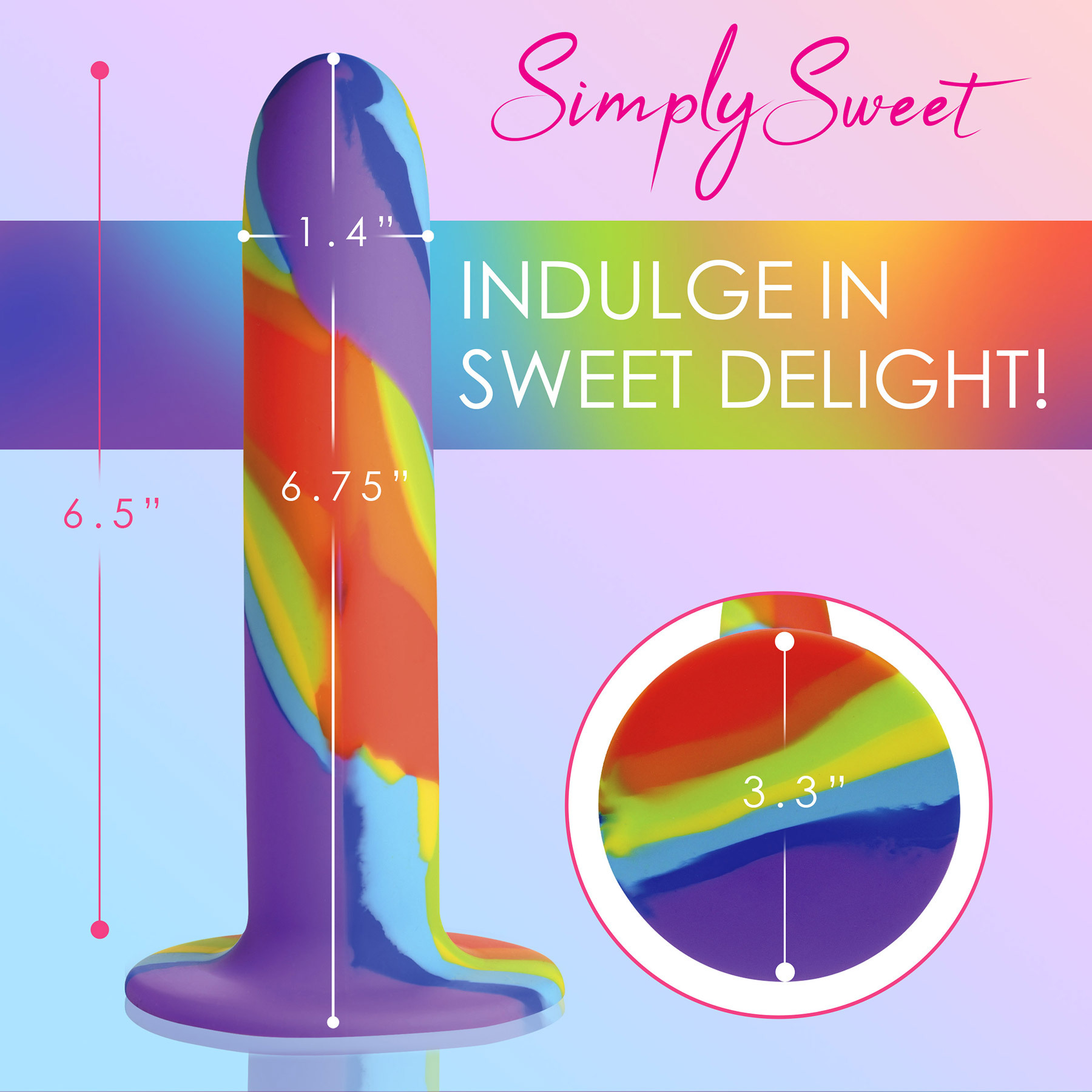 Simply Sweet Rainbow 6.75" Silicone Suction Cup Dildo - Measurements