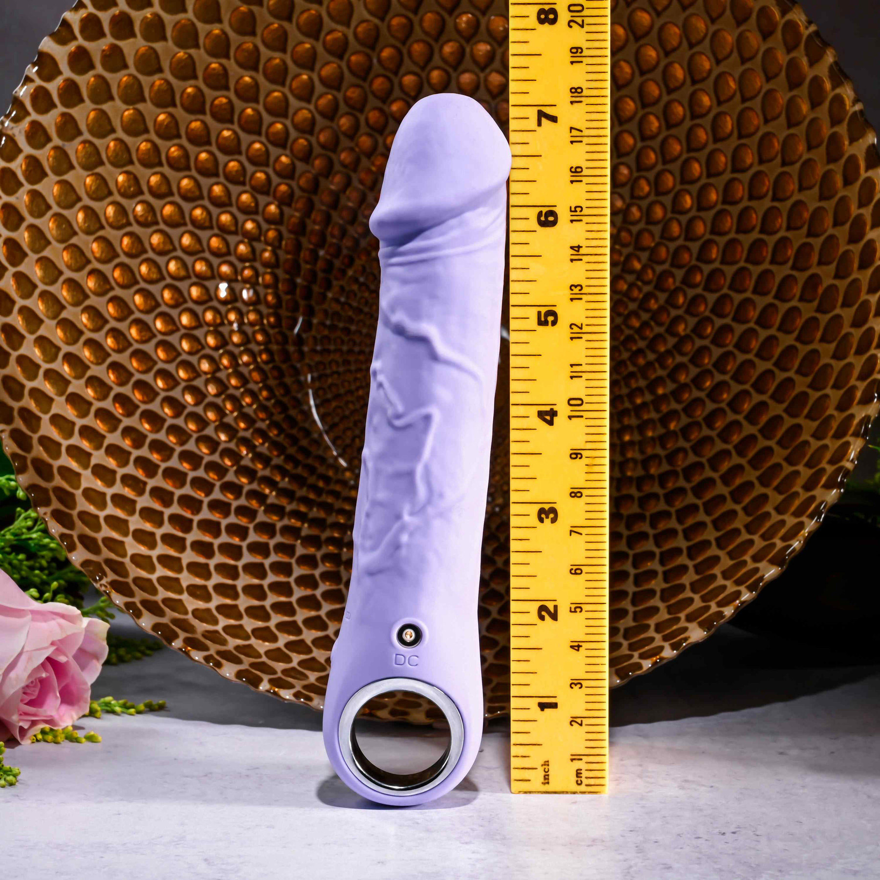 Purple Fantasy Rechargeable Waterproof Silicone Dildo Vibrator With Ring Handle - Measurements