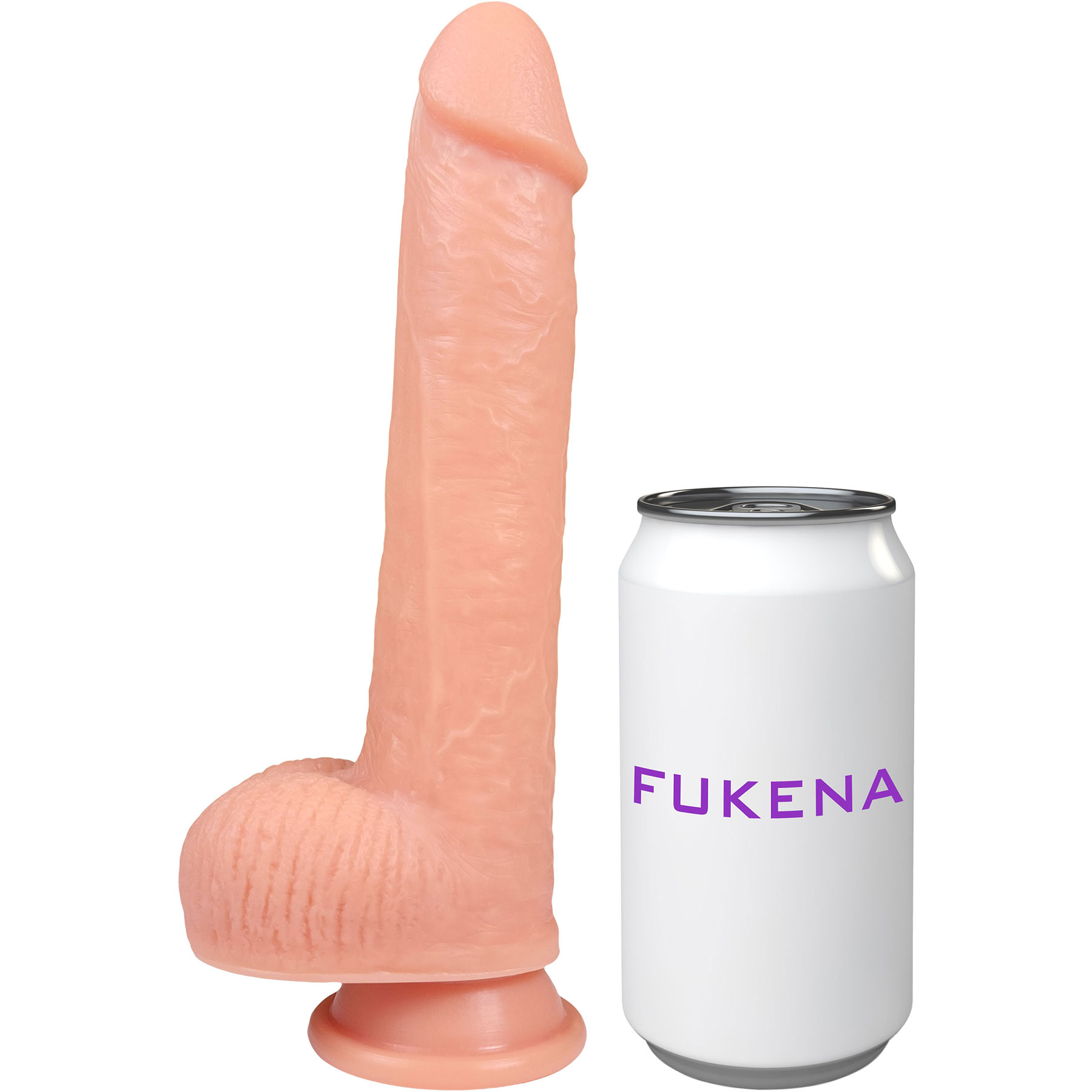 The Engineer 7 Inch Silicone Realistic Dildo With Balls & Suction Cup Base By Fukena - With Can For Size Reference