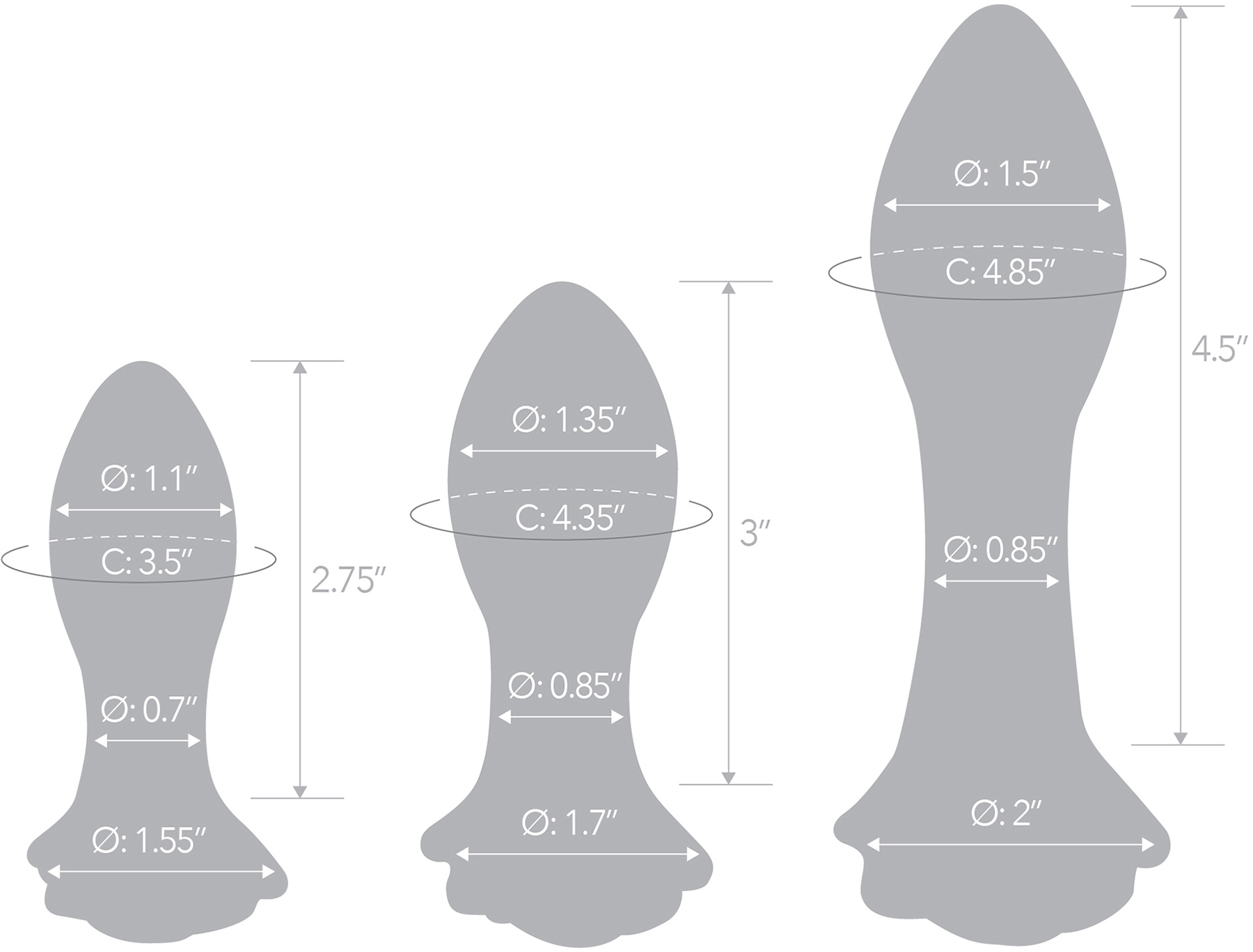 Gläs Rosebud 3 Piece Glass Butt Plug Set Anal Training Kit - Measurements