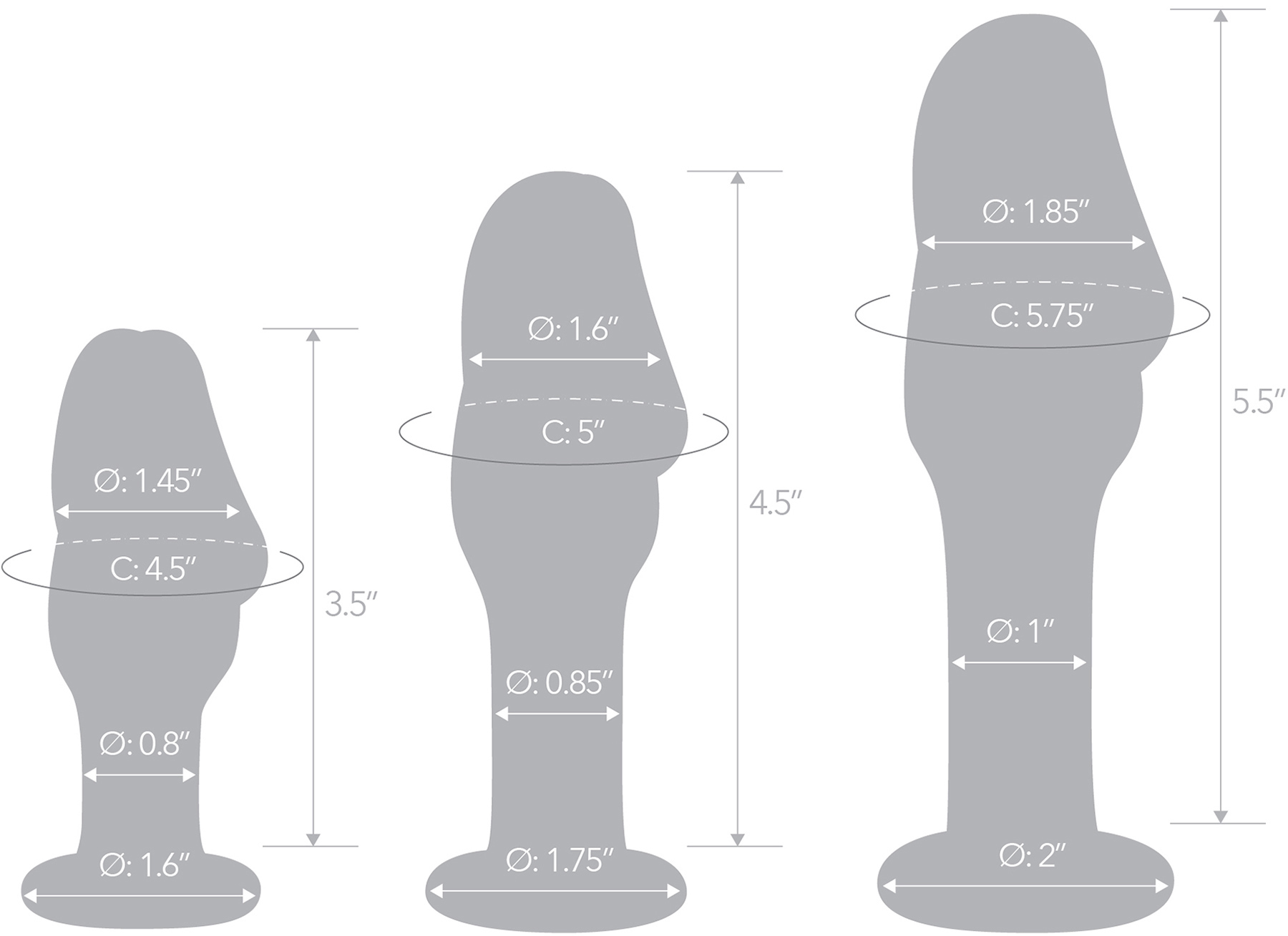 Gläs Helmet Head Glass Butt Plug 3 Piece Anal Training Kit - Measurements