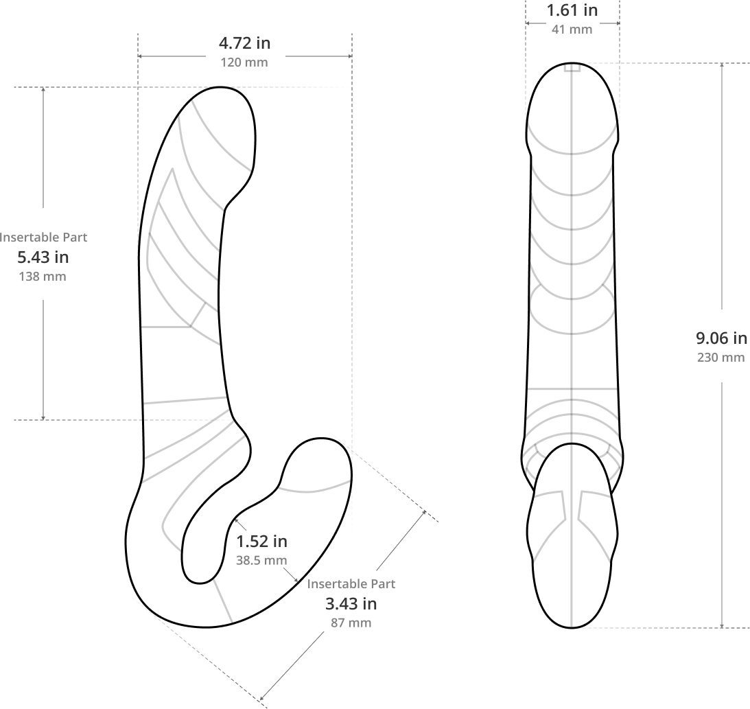 Lovense Lapis App Enabled Silicone Waterproof Rechargeable Double-Ended Vibrating Strapless Strap-On - Measurements