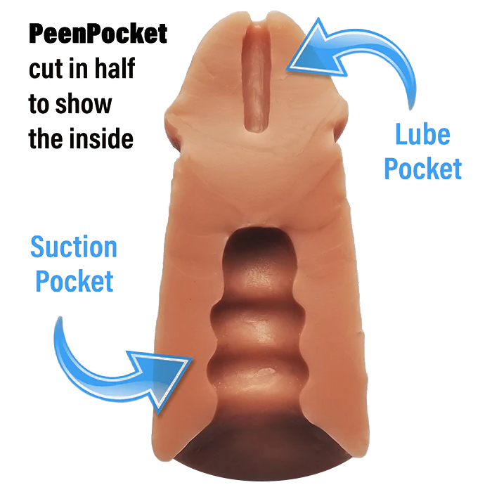 The PeenPocket Pleasure Sleeve cut in half to show the inside