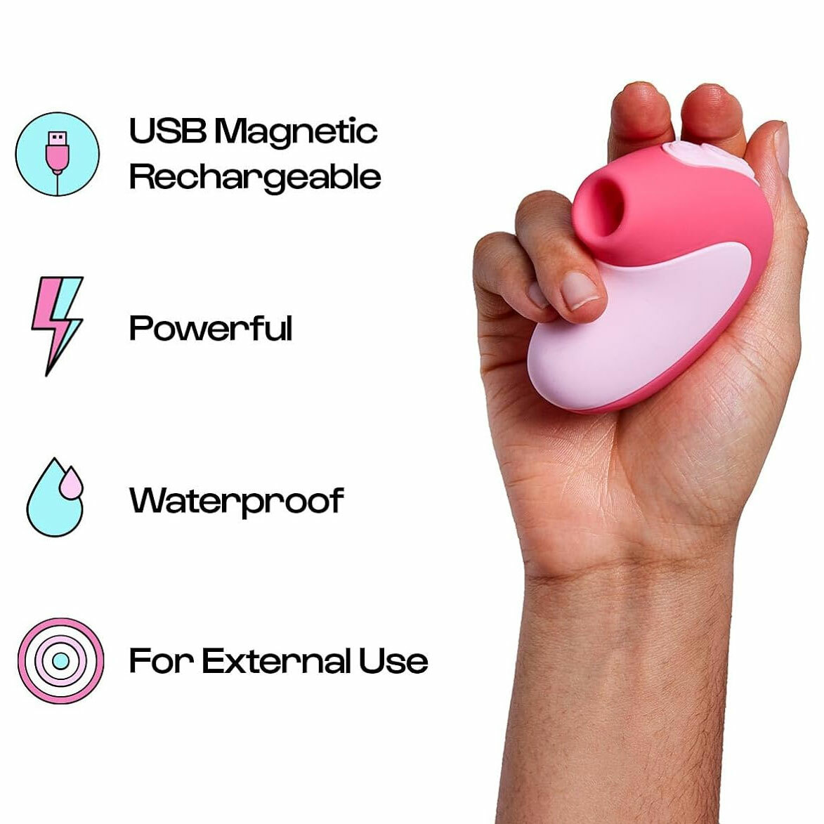 Unbound Puff Rechargeable Waterproof Silicone Pressure Wave Clitoral Stimulator - Features Graphic