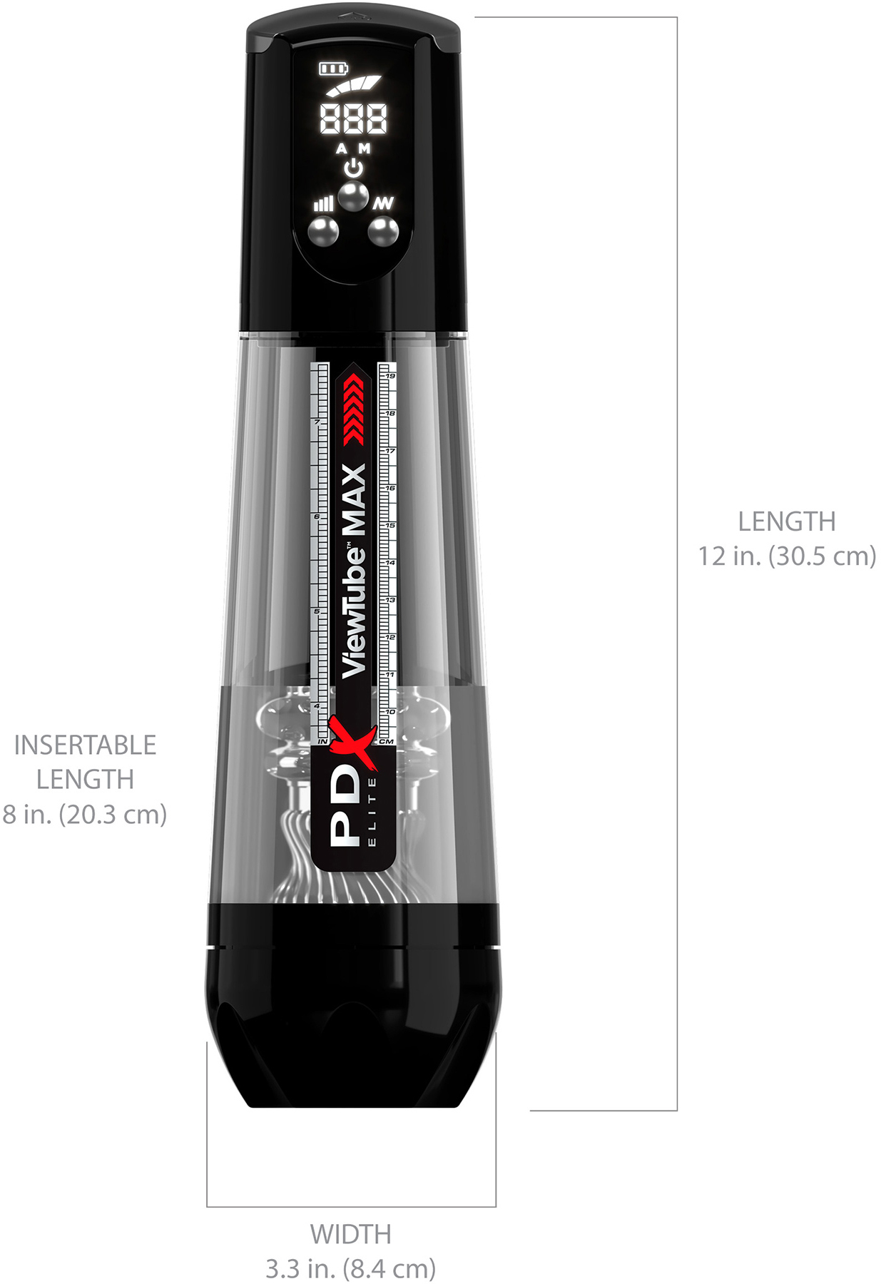 PDX Elite ViewTube Max View Rechargeable See-Thru Suction Stroker Penis Masturbator - Measurements