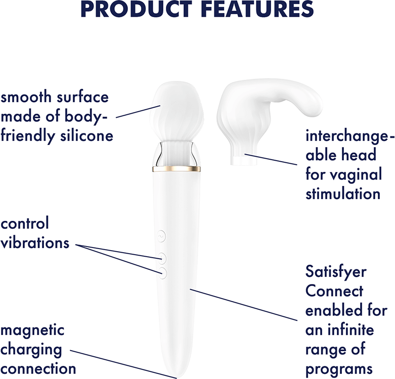 Satisfyer Double Wand-er Silicone Wand Style App Compatible Vibrator With 2 Attachments - Features