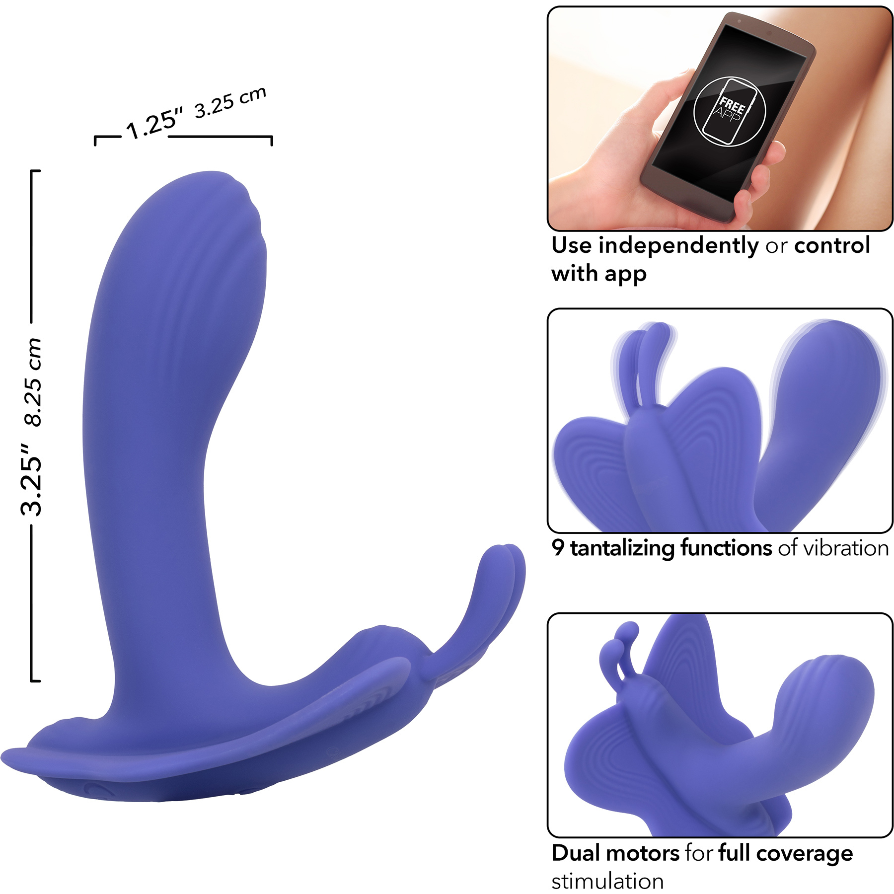 Connect Venus Butterfly Rechargeable Silicone App Enabled Dual Stimulation Vibrator - Measurements