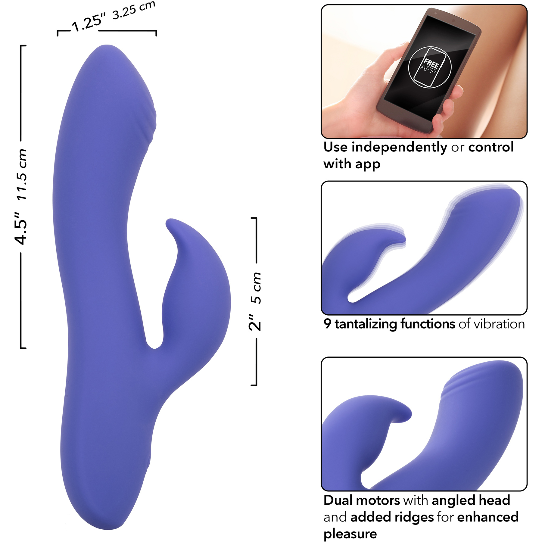 Connect Dual Stimulator Rechargeable Silicone App Enabled Dual Motor Vibrator - Measurements